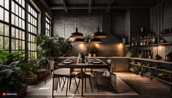 Firefly tavolo da pranzo con le sedie in una cucina industrial, colori scuri 14112