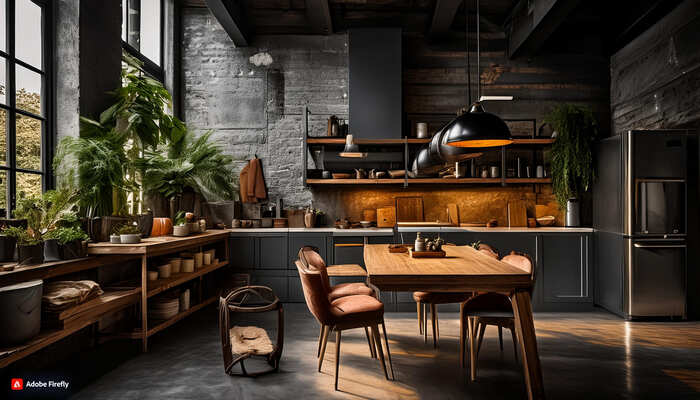 Firefly tavolo da pranzo con le sedie in una cucina industrial, colori scuri 38588